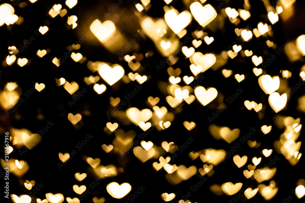 Festive overlay effect. Golden heart bokeh festive glitter background. Christmas, New Year and Valentine's day design - obrazy, fototapety, plakaty 