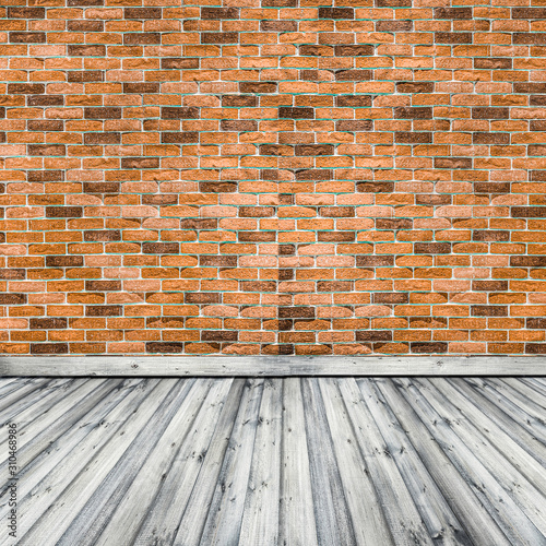 Brown, orange brick wall with wooden floor,interior design
