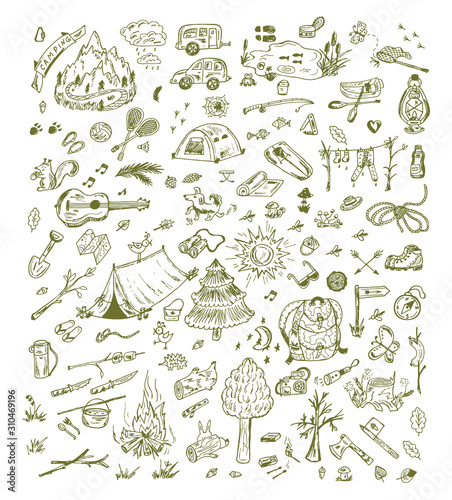 Vector seamless pattern of Camping Elements. Green Hand Drawn Doodle background