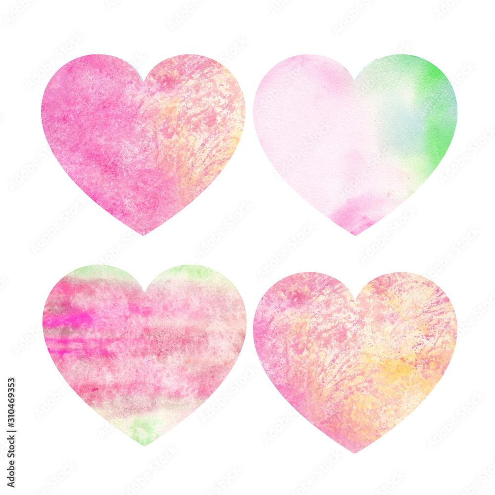 Happy Valentine's Day. Set of pink hearts with a grunge texture. Watercolor element for your design.