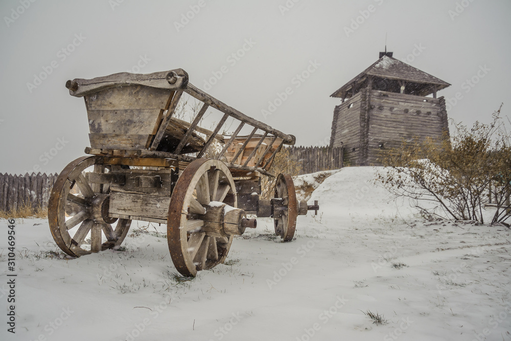 Cart under the snow in the old Ukrainian village