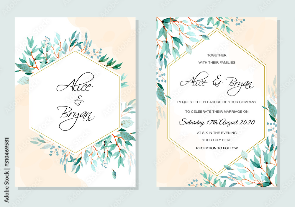 watercolor leaves wedding invitation card