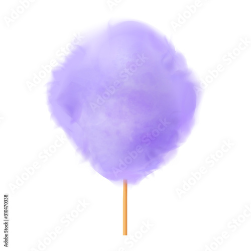 Cotton candy. Realistic purple cotton candy on wooden stick. Summer tasty and sweet snack for children in parks and food festivals. 3d vector realistic illustration isolated on white background