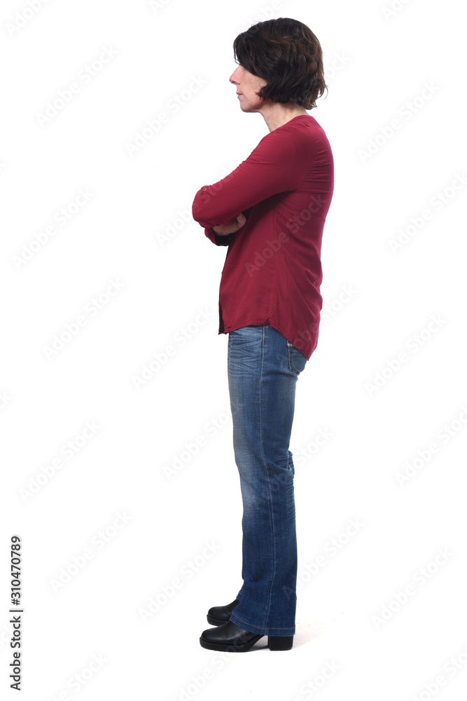 full portrait of woman sideways arms crossed on white full portrait of woman sideways arms crossed on white