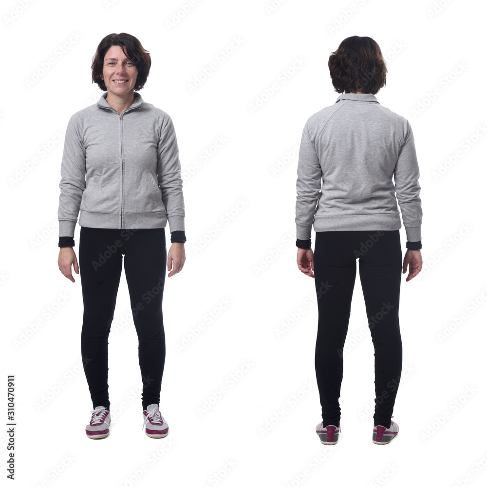 full length portrait of a woman front and back on white background full length portrait of a woman front and back on white background