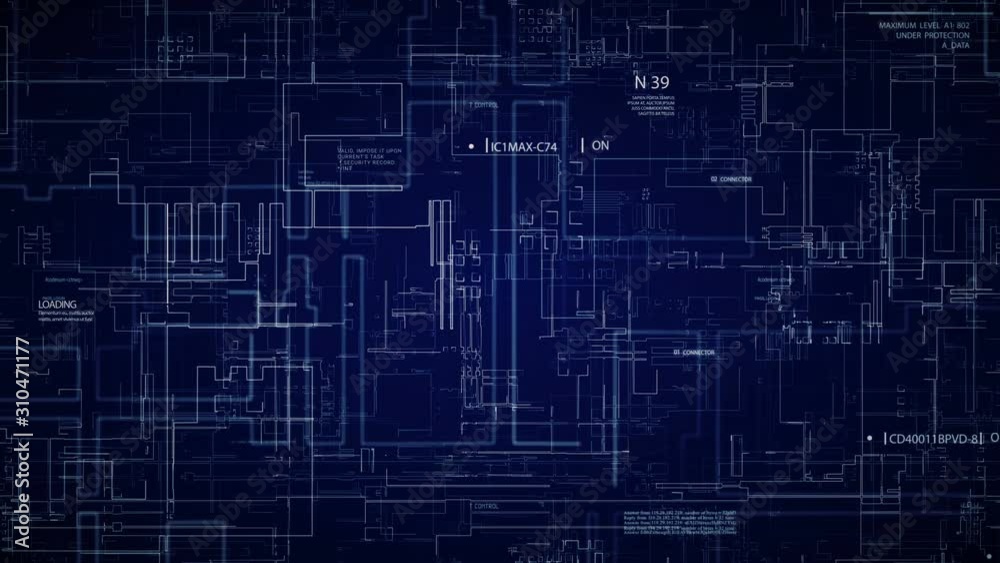 HUD technological futuristic interface.Flying through digital pannels with infographic elements.Blue.Type1