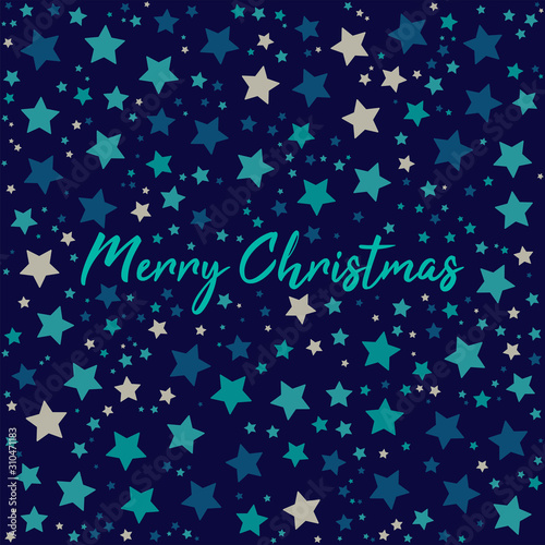 Merry Christmas flat vector greeting card design with stars and lettering.