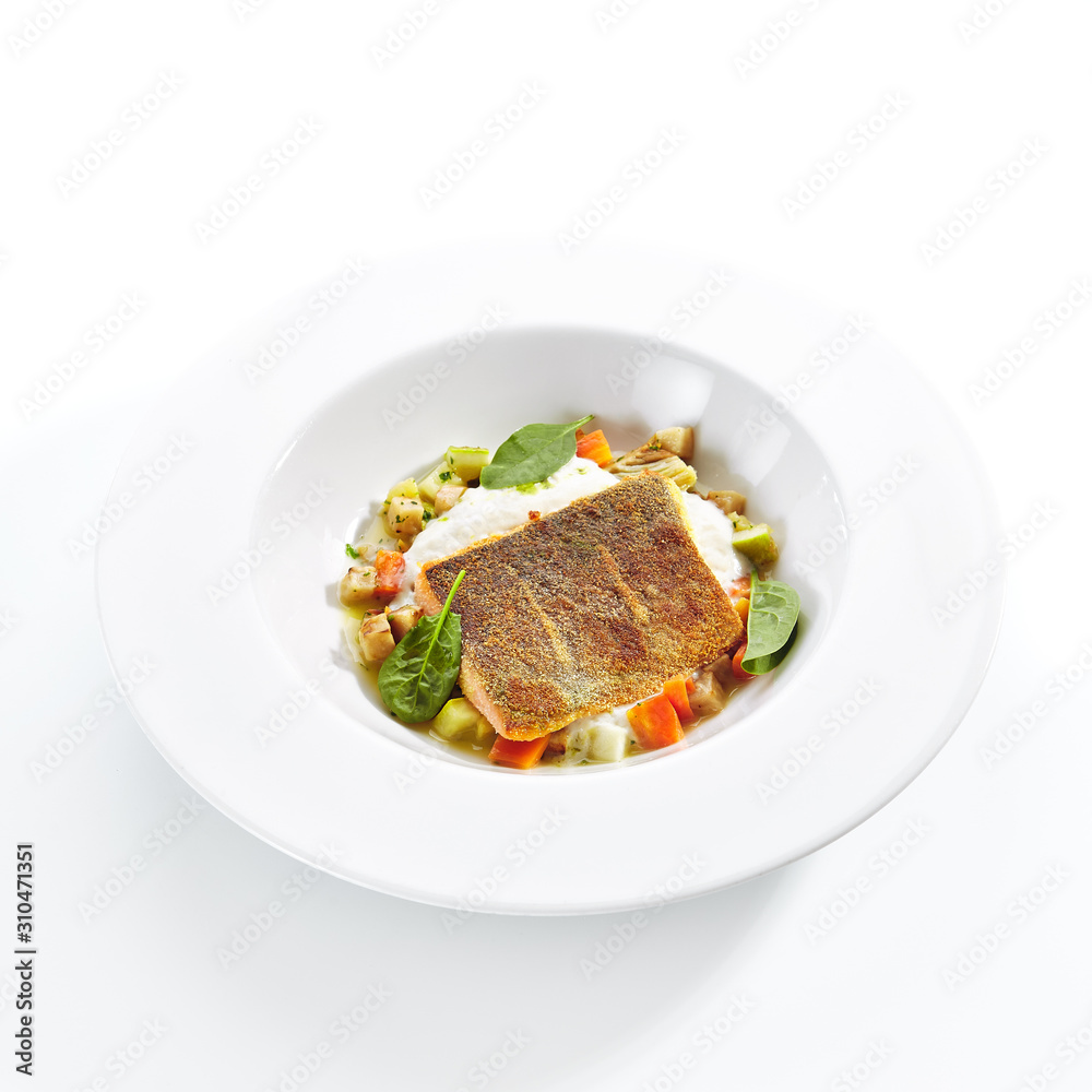 Fried Trout Fillet and Vegetable Stew with Herbs Espuma Fried Trout Fillet and Vegetable Stew with Herbs Espuma