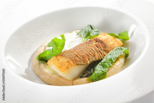 Breaded Fried Halibut Fillet with Parsnip Puree Isolated