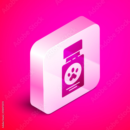 Isometric Dog medicine bottle and pills icon isolated on pink background. Container with pills. Prescription medicine for animal. Silver square button. Vector Illustration