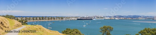 View on harbor and cruise ship terminal of Tauranga city on northern island of New Zealand in summer