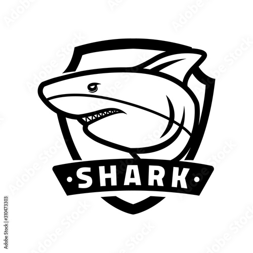 Shark and shield logo black and white