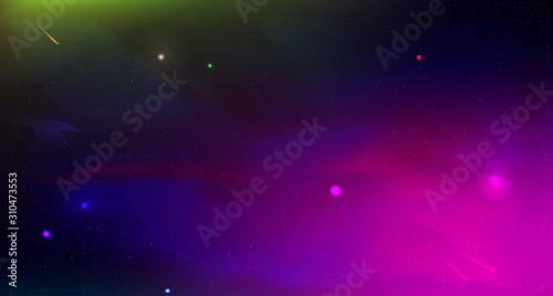 Cosmic landscape. Distant stars and planets. Galaxies. Milky Way. Realistic vector stock illustration. Space. Abstract background. Purple and purple blurry colors.