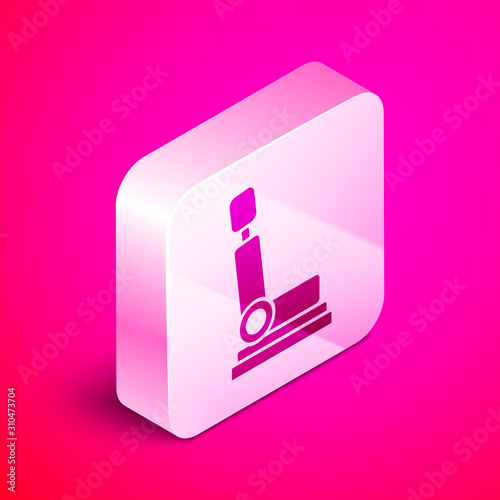 Isometric Car seat icon isolated on pink background. Car armchair. Silver square button. Vector Illustration