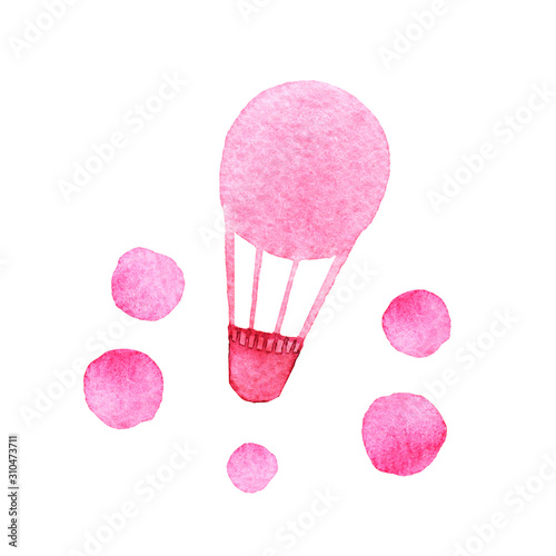 Hand drawn pink watercolor balloon with spheres on white background. Best for banners, wedding, adc, Valentines day