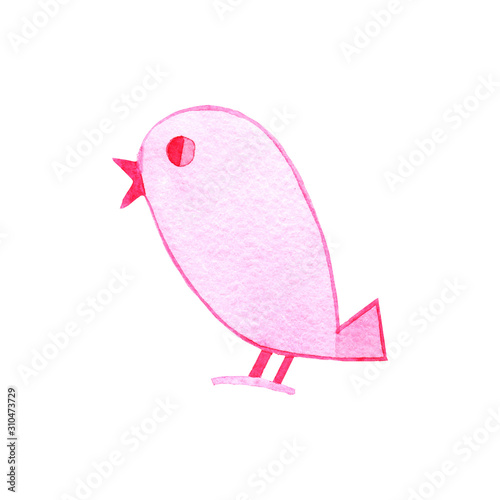 Hand drawn watercolor St Valentines Day print with pink  bird on white background. Romantic design for card, print, textile.