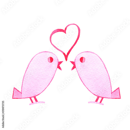Hand drawn watercolor St Valentines Day print with pink  heart and birds on white background. Romantic design for card, print, textile.