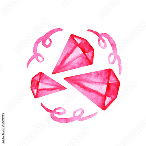 Hand drawn pink watercolor gems  with ribbons isolated on white background. Best for banners, wedding, adc, Valentines day, greeting