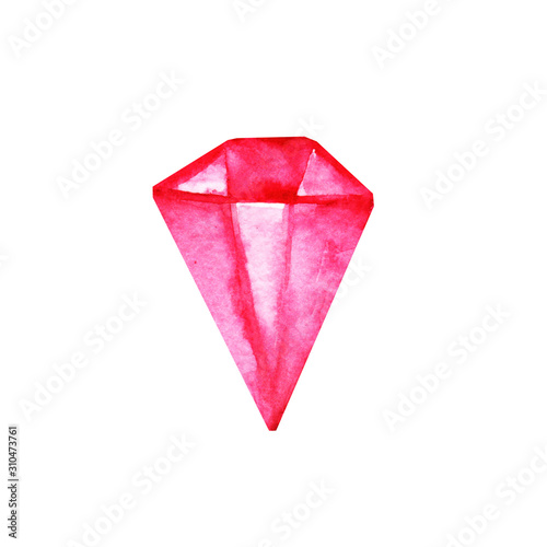 Hand drawn pink watercolor gemstone  isolated on white background. Best for banners, wedding, adc, Valentines day, greeting