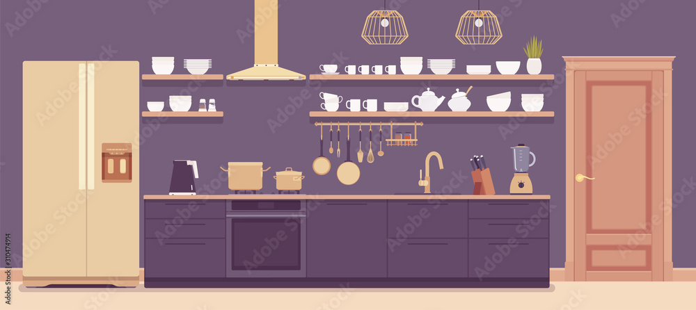 Kitchen room interior, home space hi-tech cabinet, vent hood, kit with furniture. Modern indoor design, functioning appliances, decoration, remodel inspiration. Vector flat style cartoon illustration - obrazy, fototapety, plakaty 
