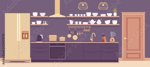 Kitchen room interior, home space hi-tech cabinet, vent hood, kit with furniture. Modern indoor design, functioning appliances, decoration, remodel inspiration. Vector flat style cartoon illustration