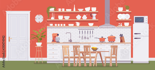 Kitchen room bright red interior, home zone with cabinet, vent hood, sink, cook top, and refrigerator. Functioning appliances, decoration, remodel inspiration. Vector flat style cartoon illustration