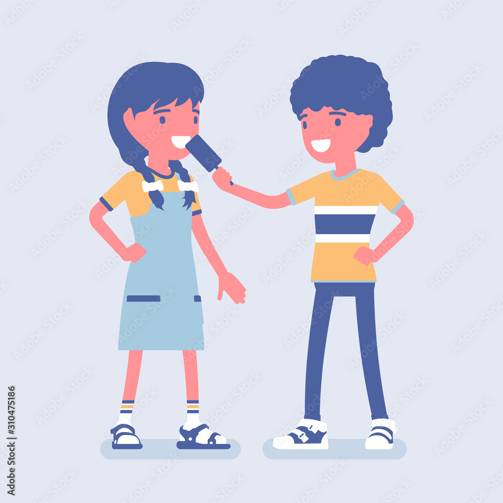 Boy sharing ice cream with a girl friend. Child giving some eskimo pie to enjoy, mutual trust, kindness and support between teens, gesture providing love, care. Vector flat style cartoon illustration