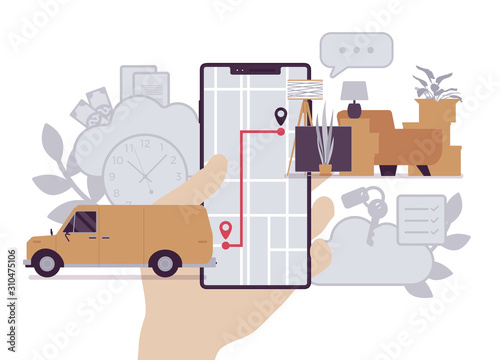 Order tracking system on smartphone screen. Van journey shipping tracker to a customer or warehouse, goods pick up, delivery and fulfillment process app service. Vector illustration