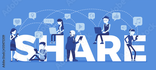Apps to share data files, games with friends. Giant letters, group of diverse people with smartphone, laptop, computer, tablet use application to communicate. Vector illustration, faceless characters