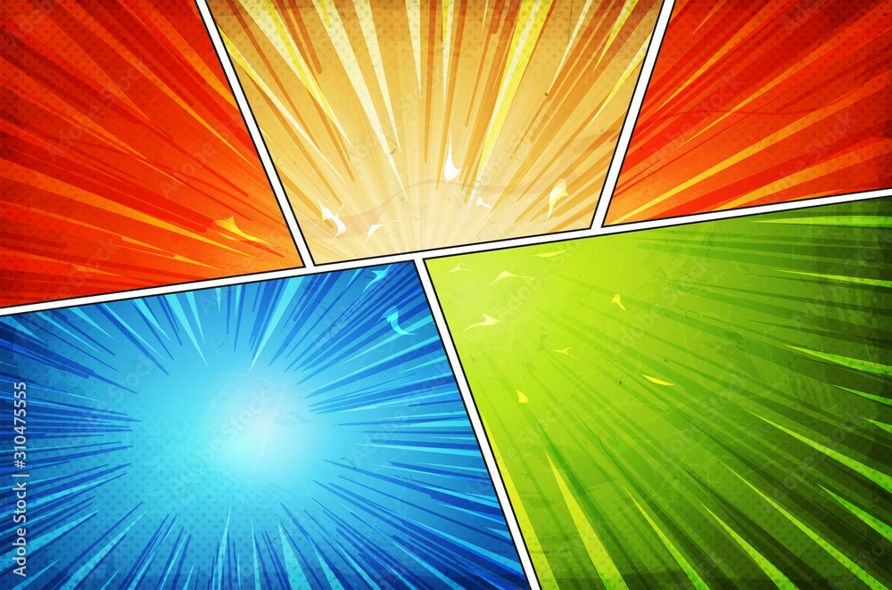 Comic Book Action Layout Background With Power Fx/ Illustration of a powerful comics like page layout background with halftone dots, dynamic textures and action speed effects