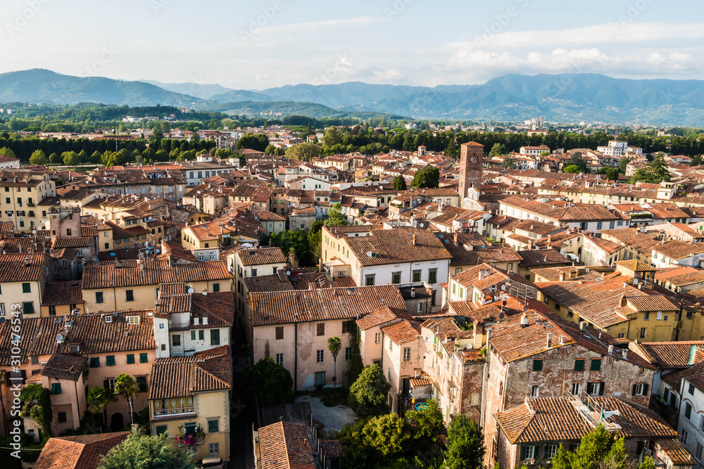 Aerial view of the walled town of Lucca. Tuscany, Italy