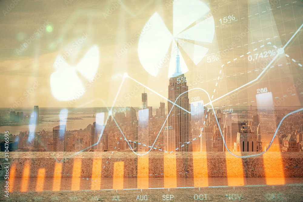 Forex graph on city view with skyscrapers background multi exposure. Financial analysis concept. Forex graph on city view with skyscrapers background multi exposure. Financial analysis concept.