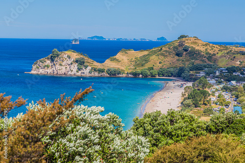 View on Hahei beach on northern island of New Zealand in summer