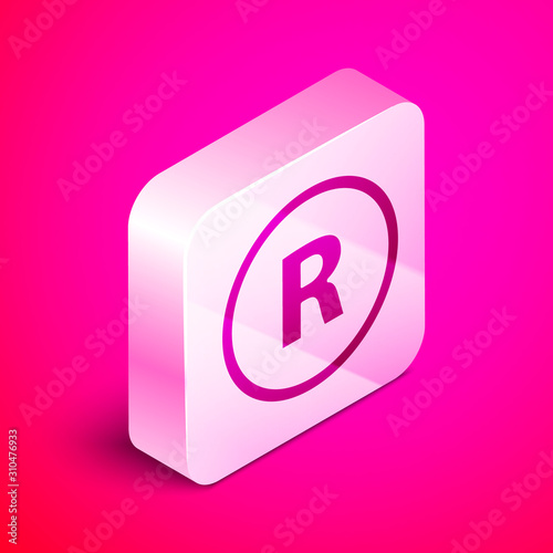 Isometric Registered Trademark icon isolated on pink background. Silver square button. Vector Illustration