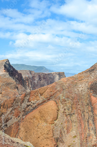 Stunning volcanic landscape in Ponta de Sao Lourenco, Madeira Island, Portugal. The easternmost point of the island of Madeira, cliffs by the Atlantic ocean. Steep rocks. Portuguese landscape