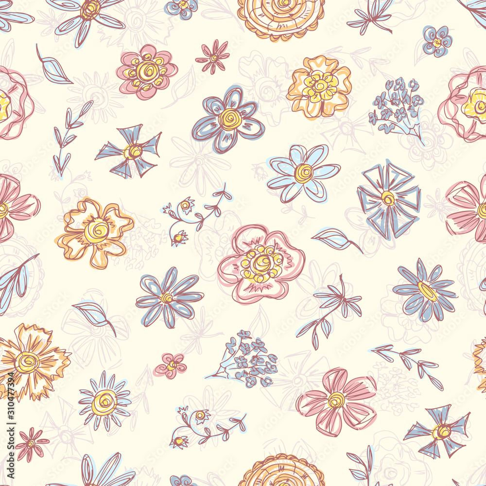 Flowers. Vector Seamless pattern of Hand Drawn Doodles Flowers. Endless floral texture. Vintage floral wallpaper.