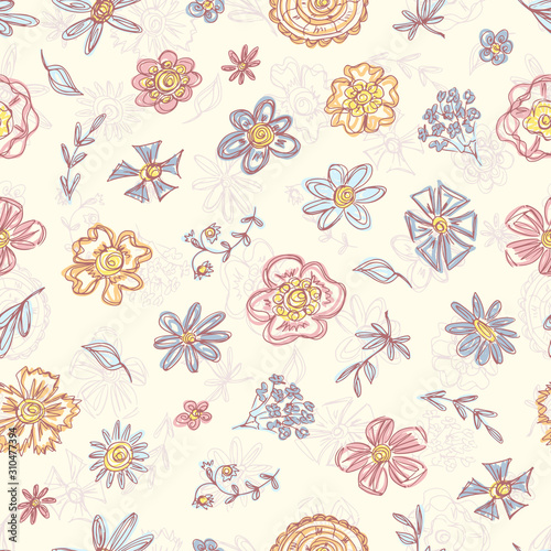 Flowers. Vector Seamless pattern of Hand Drawn Doodles Flowers. Endless floral texture. Vintage floral wallpaper.