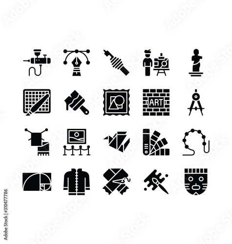 art and craft related pen tool, face mask, sculpture, color brush, color gun, and needle scarf vector with solid design