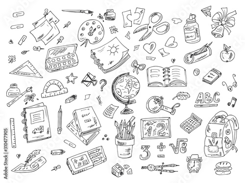 Back to school. Set of school supplies. Hand Drawn Doodles illustration