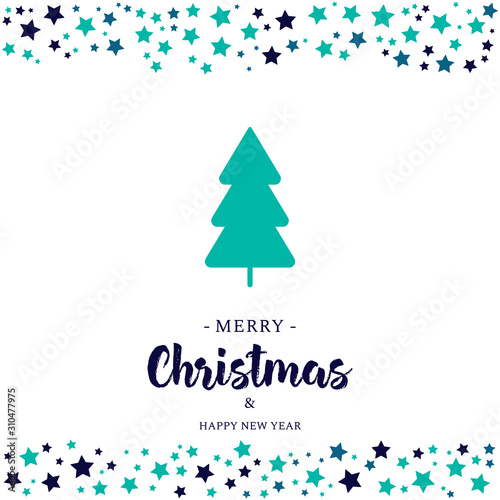 Merry Christmas and happy New year vector greeting card design with stars,tree and lettering.X mas postcard design