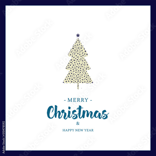 Christmas greeting card design. New year festive postcard. X mas background. Christmas illustration with tree, stars and typography.