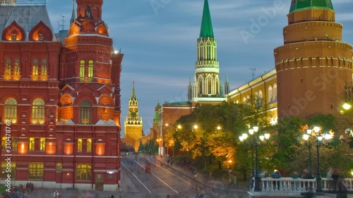 The State Historical Museum of Russia View from red square to Kremlin wall, it's the museum of Russian history. between Red Squarein Moscow, Russia.