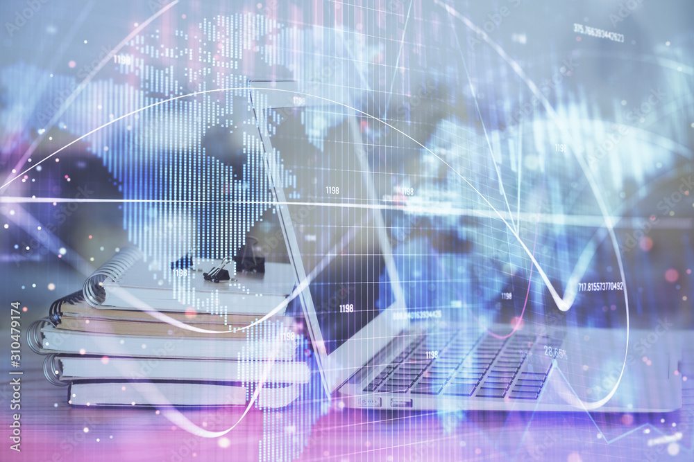 Multi exposure of business theme icons and work space with computer background. Concept of success. Multi exposure of business theme icons and work space with computer background. Concept of success.