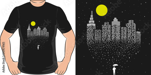 A City Above the Sky in the Middle of the Night. Unique and Trendy Abstract T-Shirt Design or Mockup.