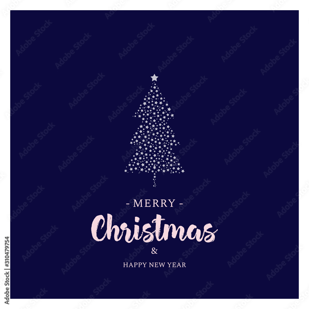 Christmas greeting card design. New year festive postcard. X mas navy background. Christmas illustration with tree, stars and typography. Christmas greeting card design. New year festive postcard. X mas navy background. Christmas illustration with tree, stars and typography.
