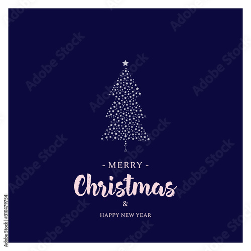 Christmas greeting card design. New year festive postcard. X mas navy background. Christmas illustration with tree, stars and typography.
