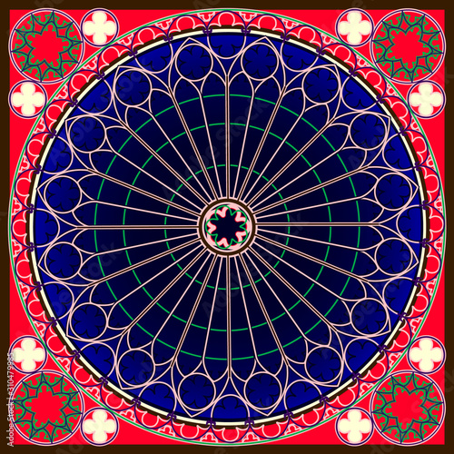 Blue and red abstract lace background, square geometric pattern with decorative frame. Bandana tissue shawl printing, silk neck scarf or design shawl, vector illustration.