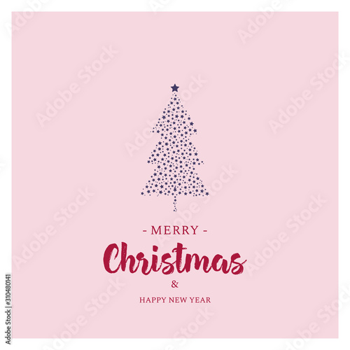 Christmas greeting card design. New year festive postcard. X mas pink background. Christmas illustration with tree, stars and typography.