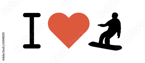 I love snowboarding vector illustration. Heart symbol and riding snowboarder. Ski resort concept.