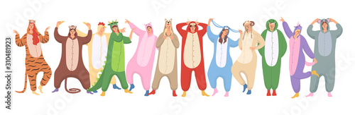 Set of women and men are wearing of animals pajamas on Halloween or new Year pajamas party. Suits are from chinese calendar: tiger, monkey, chicken, dragon, pig, dog, bull, rabbit, sheep, sheep, snake